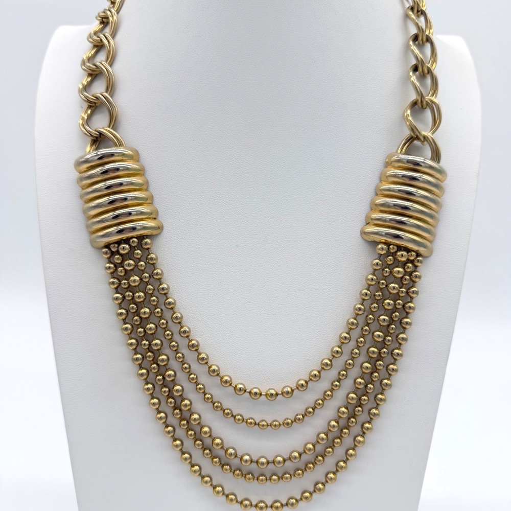 Vintage Gold Tone Multi Strand Beaded Chain Necklace Statement Runway Style